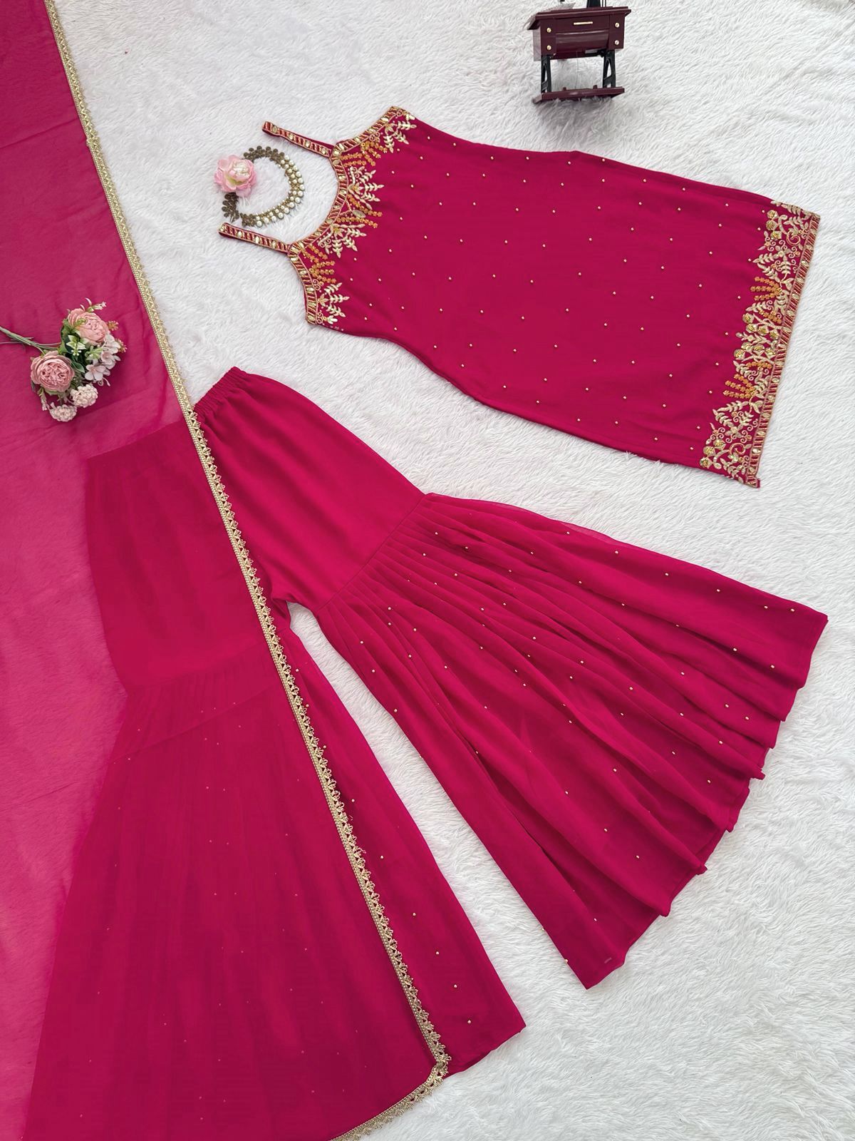 Dark pink faux georgette sharara with pearl work and dupatta - WishTown Fashion Club