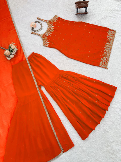 Orange designer sharara with pearl work and lace dupatta - WishTown Fashion Club