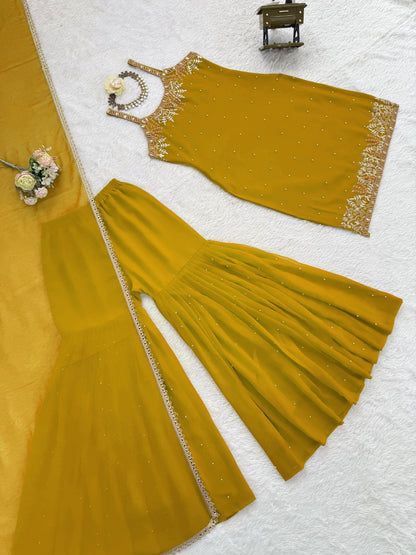 Olive green pearl work sharara set with fancy lace dupatta - WishTown Fashion Club