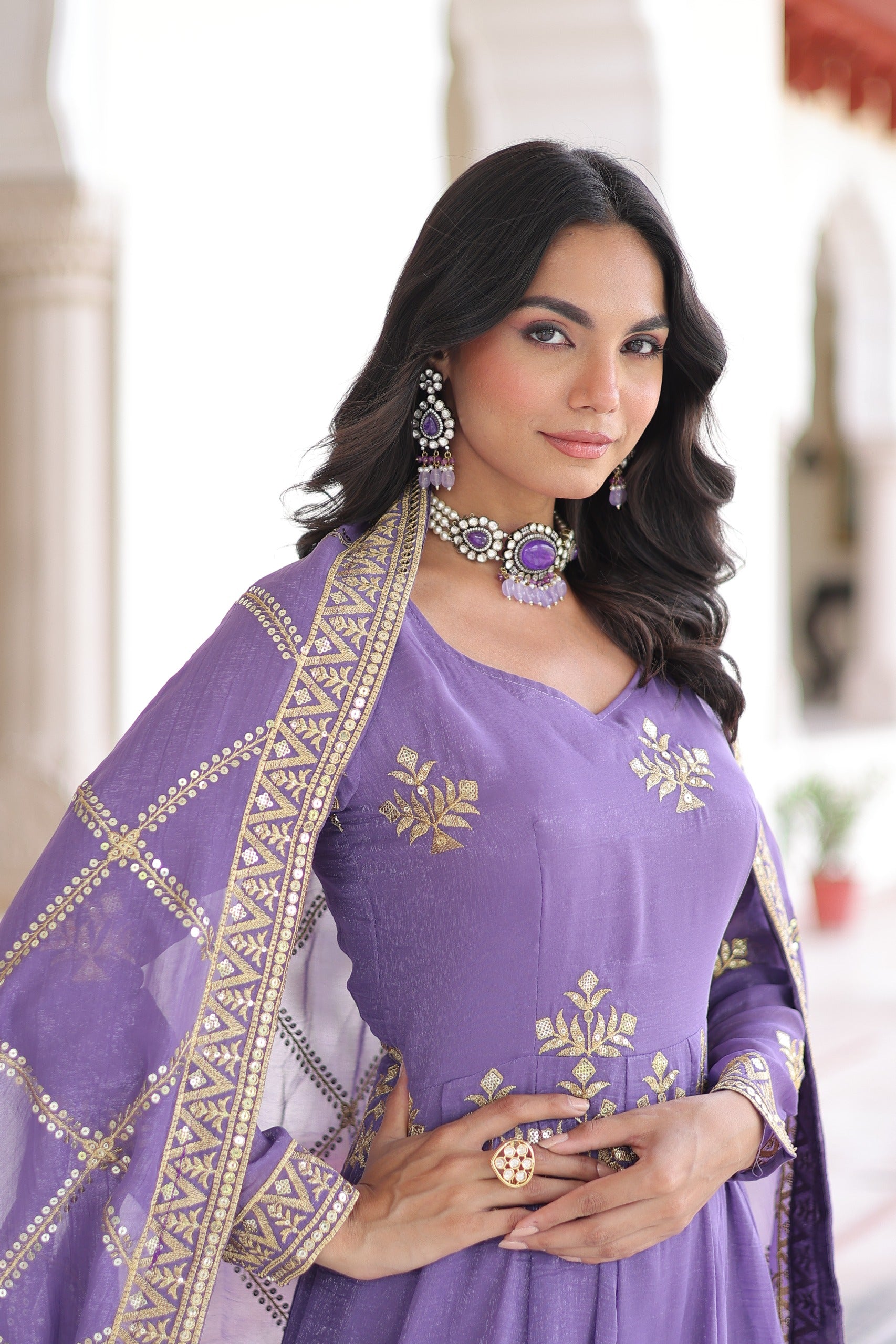 Lavender designer gown with 3 meter flare and sequins embroidery - WishTown Fashion Club