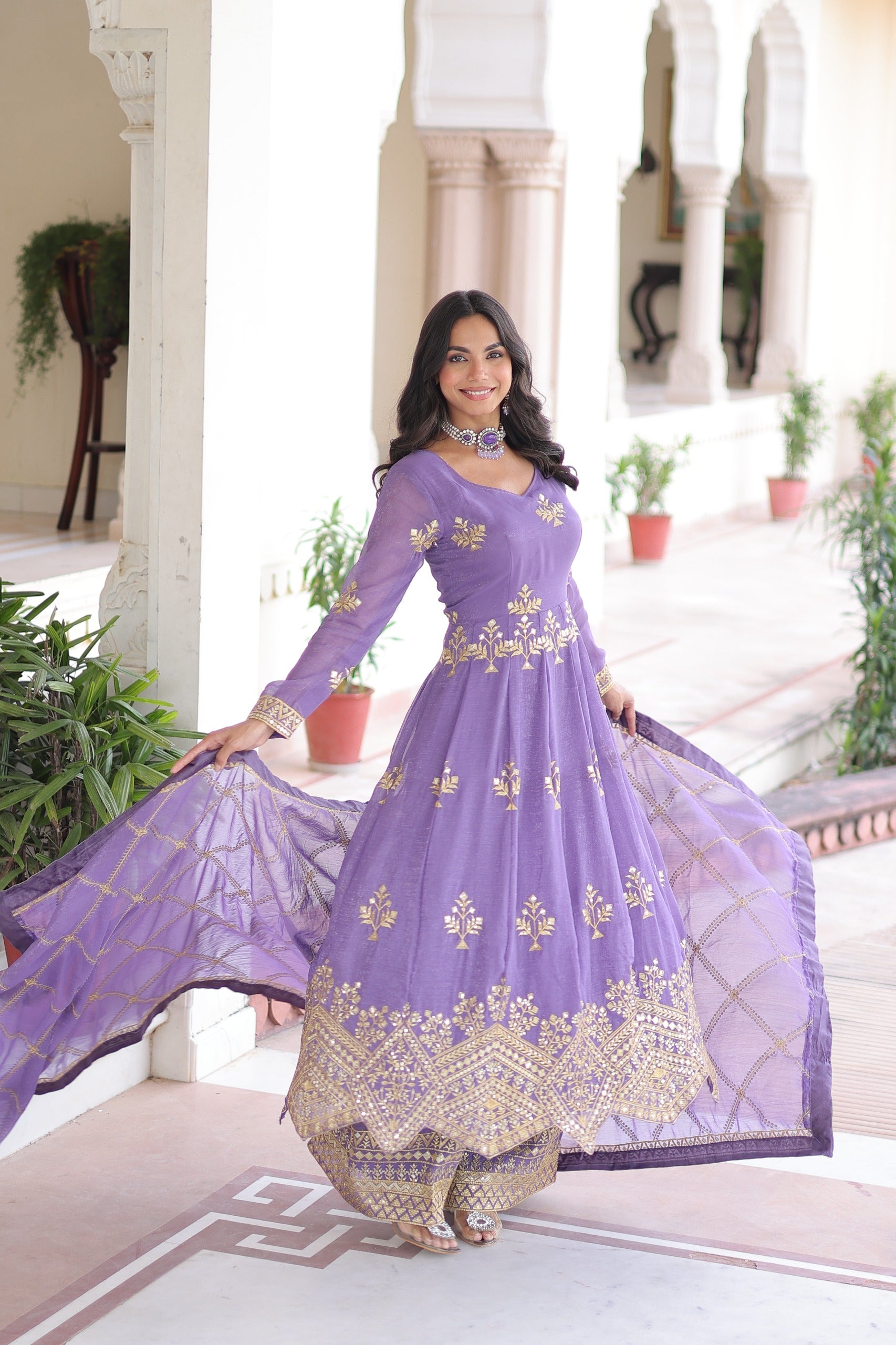 Lavender silver crunchy sequins embroidered gown with pant and dupatta front view - WishTown Fashion Club
