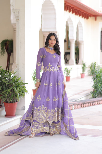 Lavender embroidered dupatta with lace border paired with gown set - WishTown Fashion Club