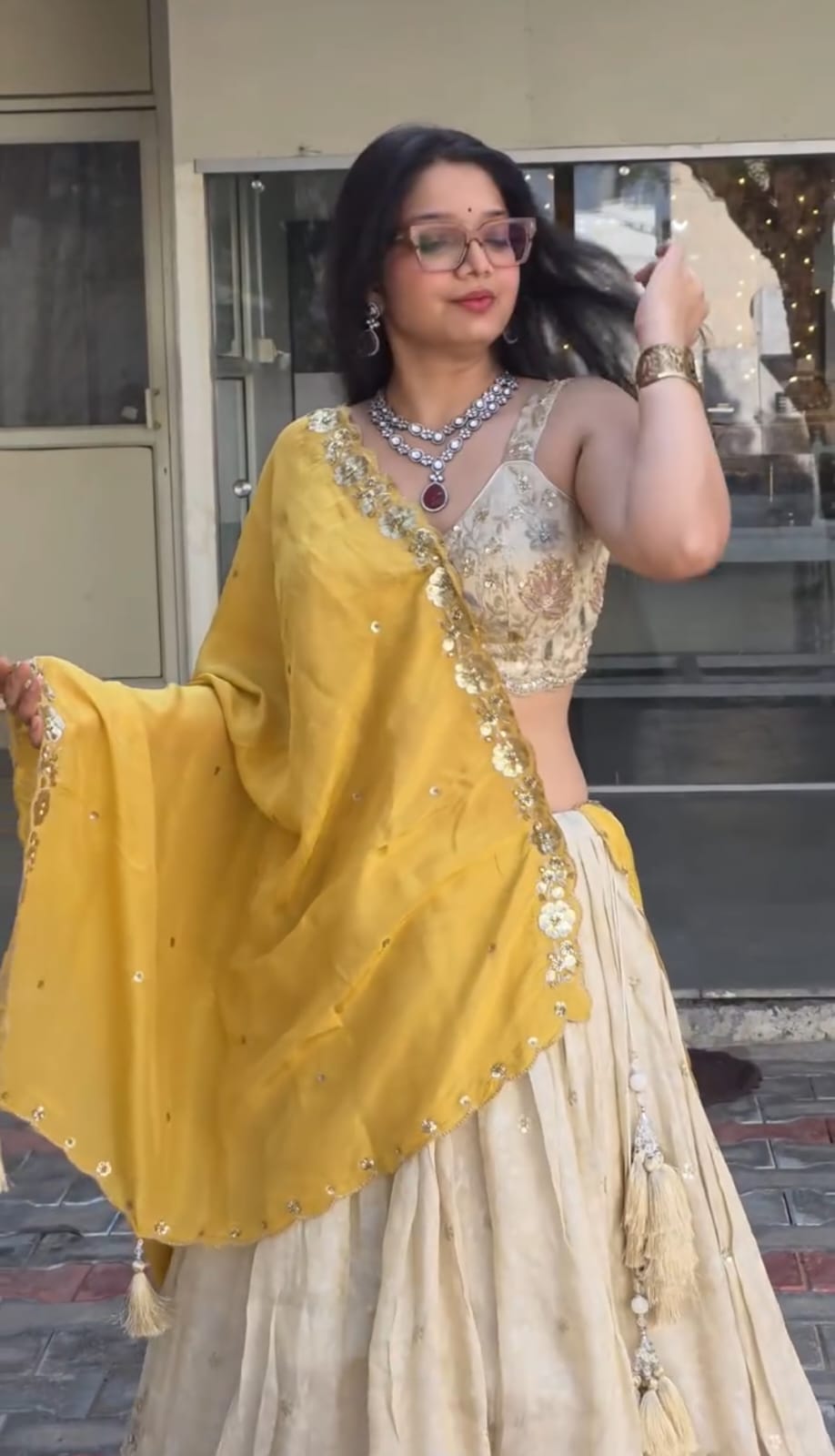 White chinon embroidered lehenga choli set front view - WishTown Fashion Club