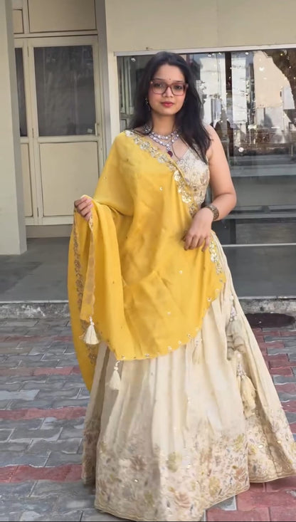 White ethnic lehenga choli with gold crush embroidered dupatta - WishTown Fashion Club