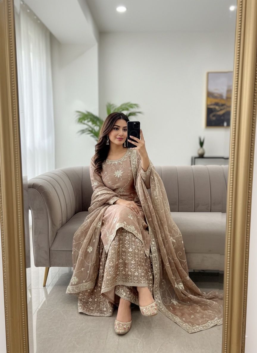 Peach designer sharara suit with heavy 5mm sequence embroidery - WishTown Fashion Club