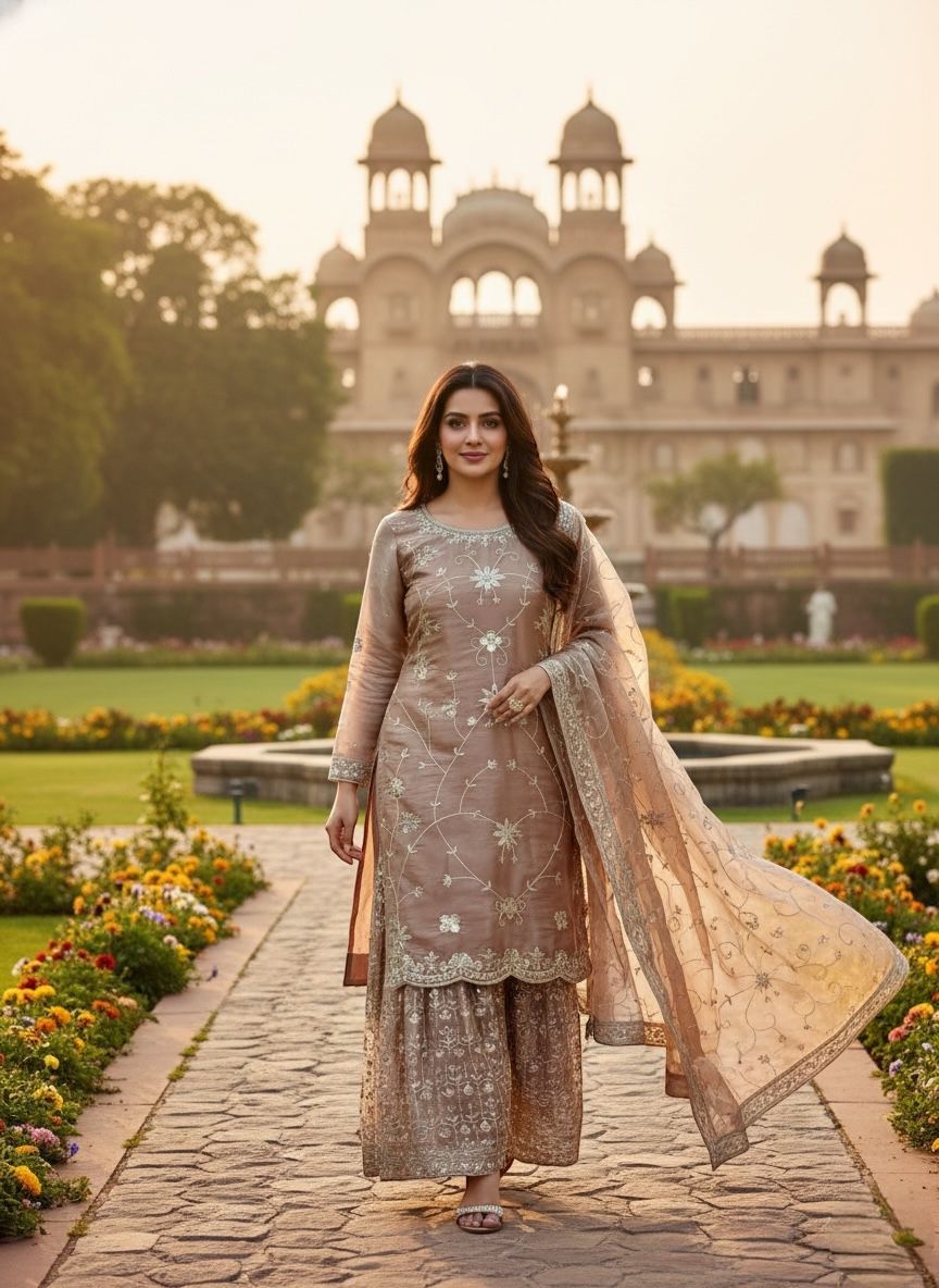 Peach party wear fully stitched sharara set full outfit look - WishTown Fashion Club