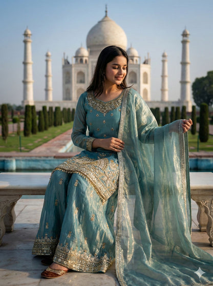 Aqua blue festive wear fendy silk top sharara dupatta set - WishTown Fashion Club