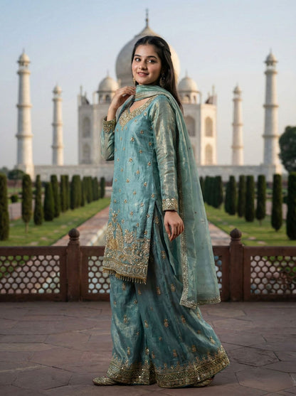 Aqua blue party wear embroidered sharara set full outfit look - WishTown Fashion Club