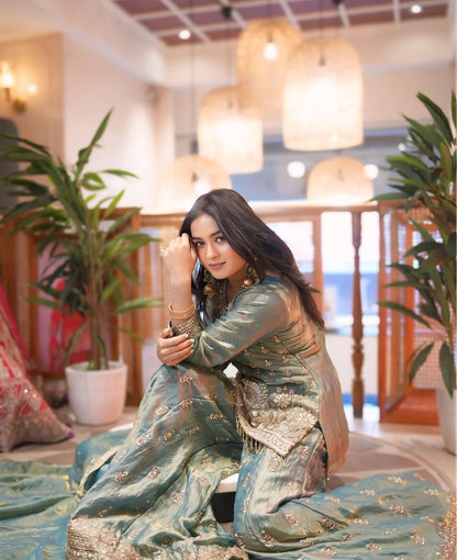 Aqua blue premium fendy silk sharara suit detailed embroidery close view - WishTown Fashion Club