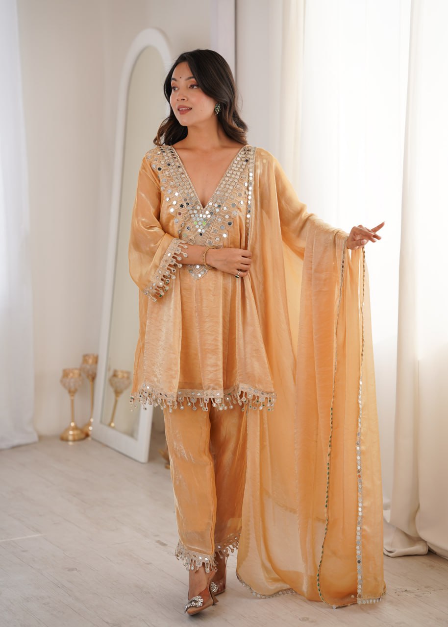 Peach festive wear ethnic suit with embroidered dupatta full length look - WishTown Fashion Club