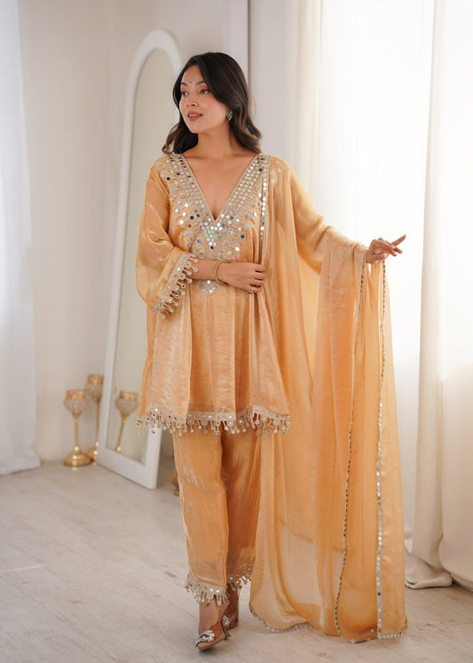 Peach festive wear ethnic suit with embroidered dupatta full length look - WishTown Fashion Club