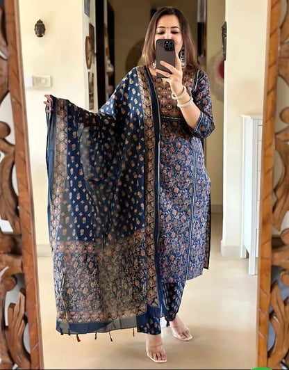 Navy blue cotton Ajrak print straight kurti with hand work panel detailing paired with cotton pant and malmal dupatta - WishTown Fashion Club