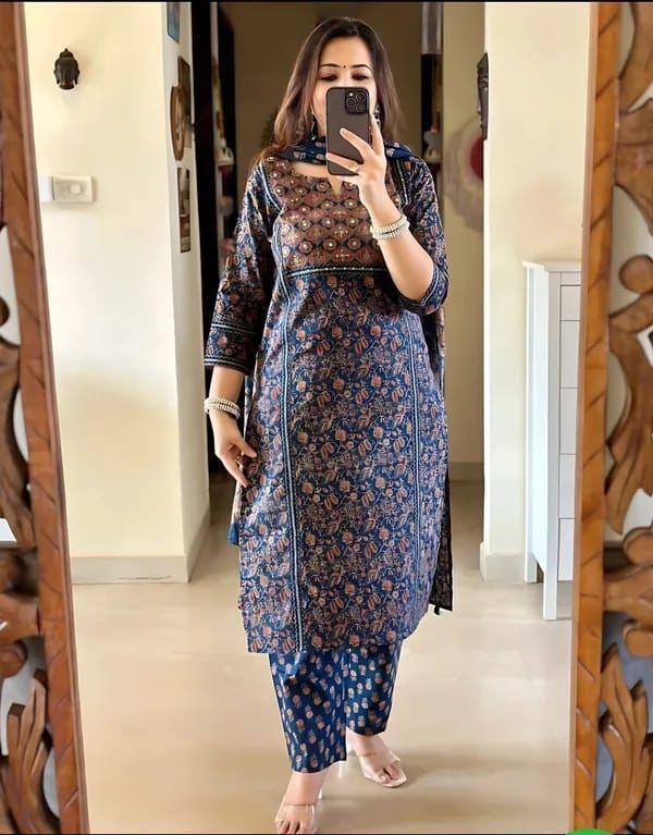 Designer navy blue printed cotton suit set with straight kurti cotton pant and lightweight malmal dupatta available in sizes 38 40 42 44 46 - WishTown Fashion Club