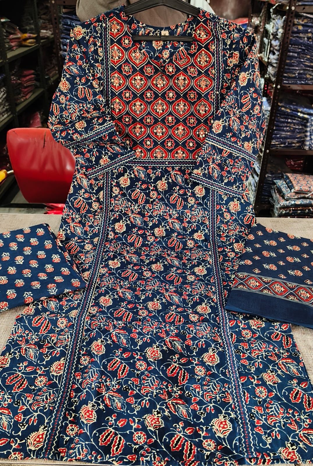 Navy blue straight cotton fabric kurti with panel work detailing and matching cotton pant with dupatta - WishTown Fashion Club