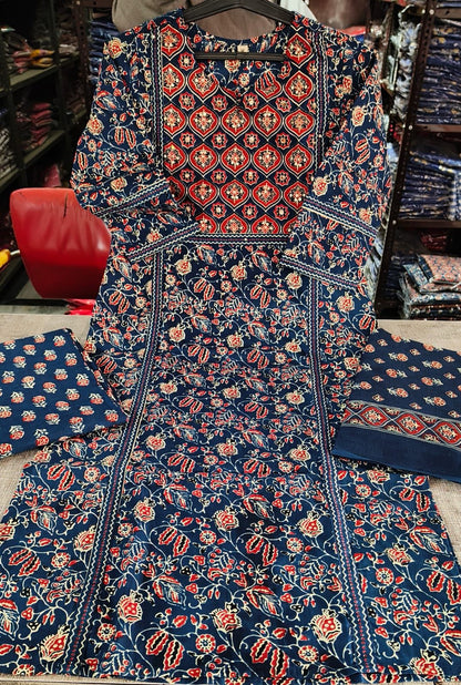 Navy blue straight cotton fabric kurti with panel work detailing and matching cotton pant with dupatta - WishTown Fashion Club