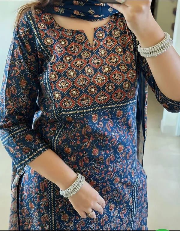 Women navy blue cotton kurta with Ajrak print and cotton pant festive and regular wear suit set - WishTown Fashion Club
