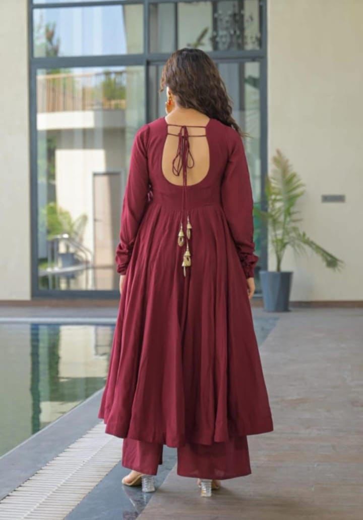 Elegant maroon cotton Anarkali kurti with tassel design and matching pant traditional ethnic outfit - WishTown Fashion Club