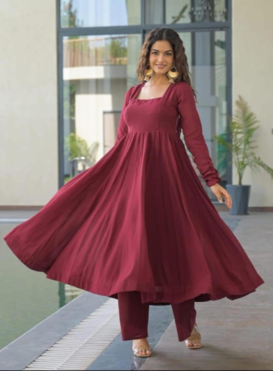 Maroon cotton Anarkali suit set with bottom pant and 2.25 meter Banarasi Chanderi dupatta festive wear for women - WishTown Fashion Club