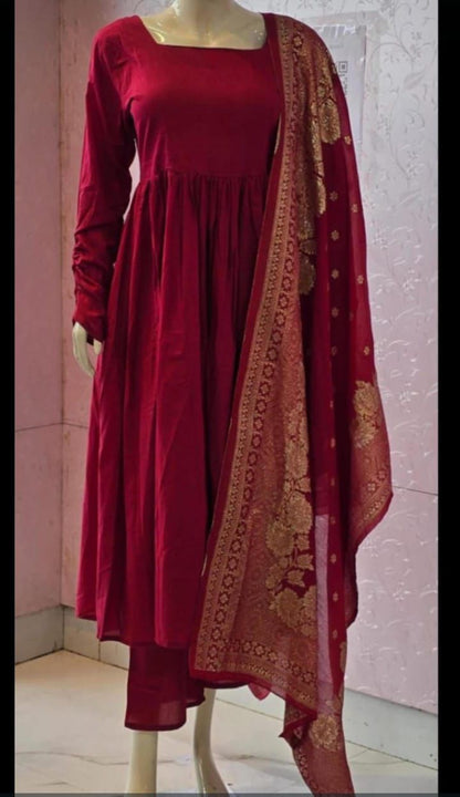 Maroon Anarkali cotton suit with deep neckline and Banarasi Chanderi dupatta for wedding and festive occasions - WishTown Fashion Club