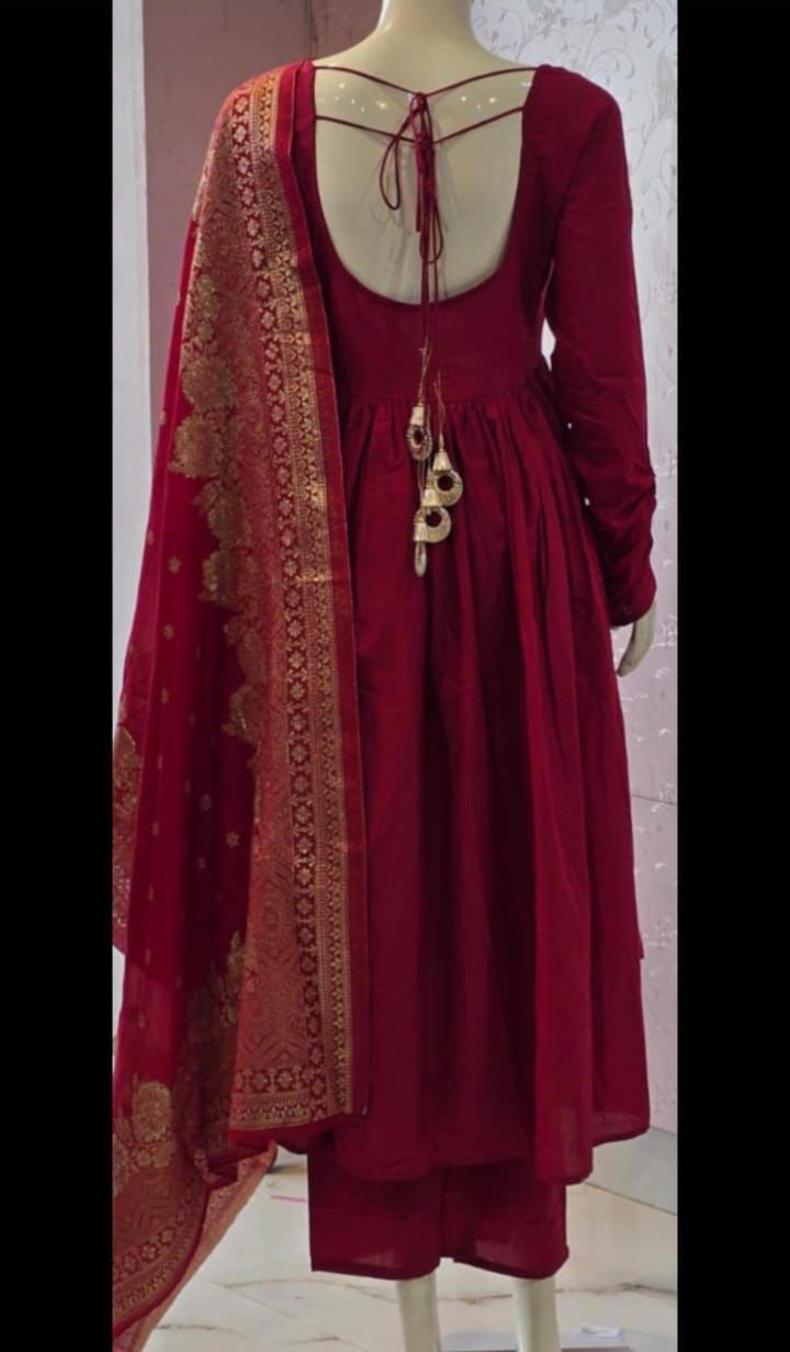 Designer maroon cotton Anarkali kurti pant set with beautiful tassels and rich Banarasi dupatta available in M L XL XXL - WishTown Fashion Club