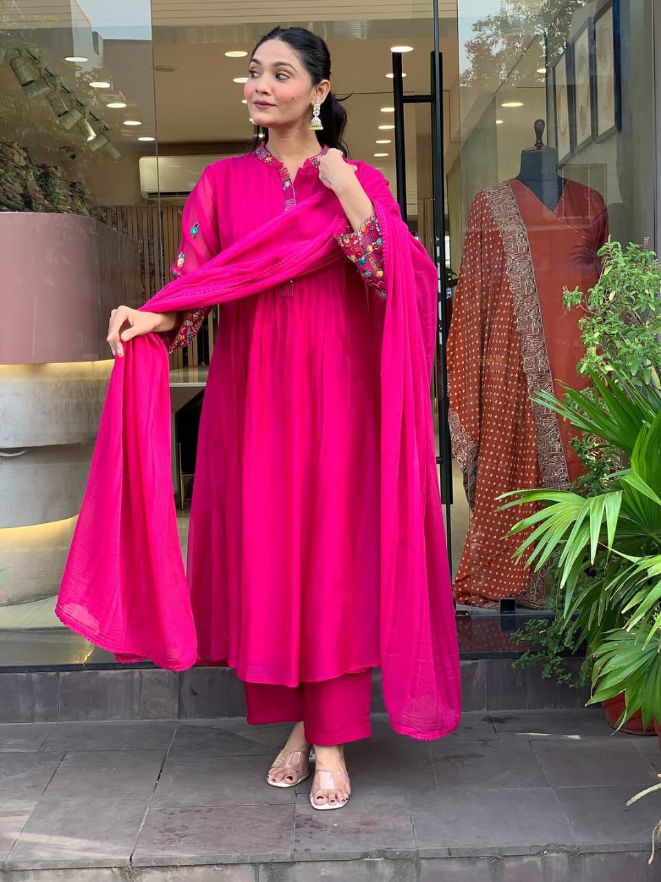 Dark pink cotton super dyeing kurti pant dupatta set with Printex and front embroidery work - WishTown Fashion Club