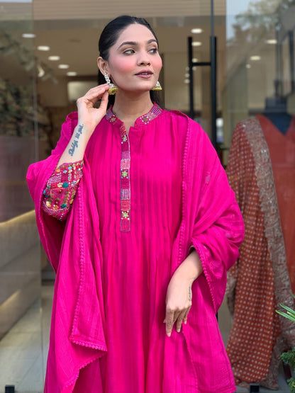 Dark pink cotton kurti pant set with Printex yoke design and soft breathable fabric festive wear - WishTown Fashion Club