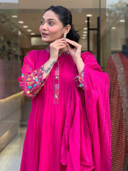 Elegant dark pink cotton embroidered suit with pampam lace malmal dupatta for women - WishTown Fashion Club