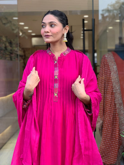 Dark pink embroidered cotton kurti with detailed yoke work and cotton bottom with malmal dupatta - WishTown Fashion Club