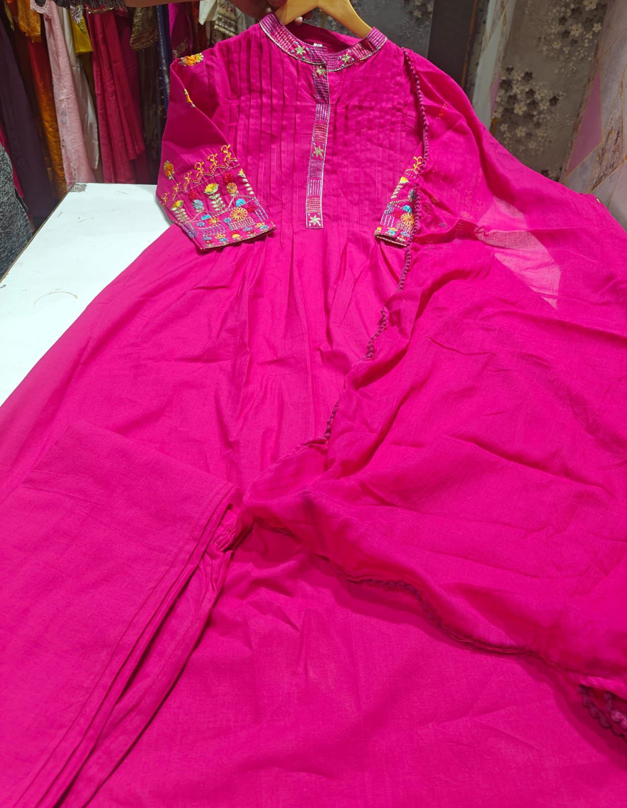 Women dark pink cotton suit set with embroidered sleeves and full malmal dupatta with pampam lace - WishTown Fashion Club