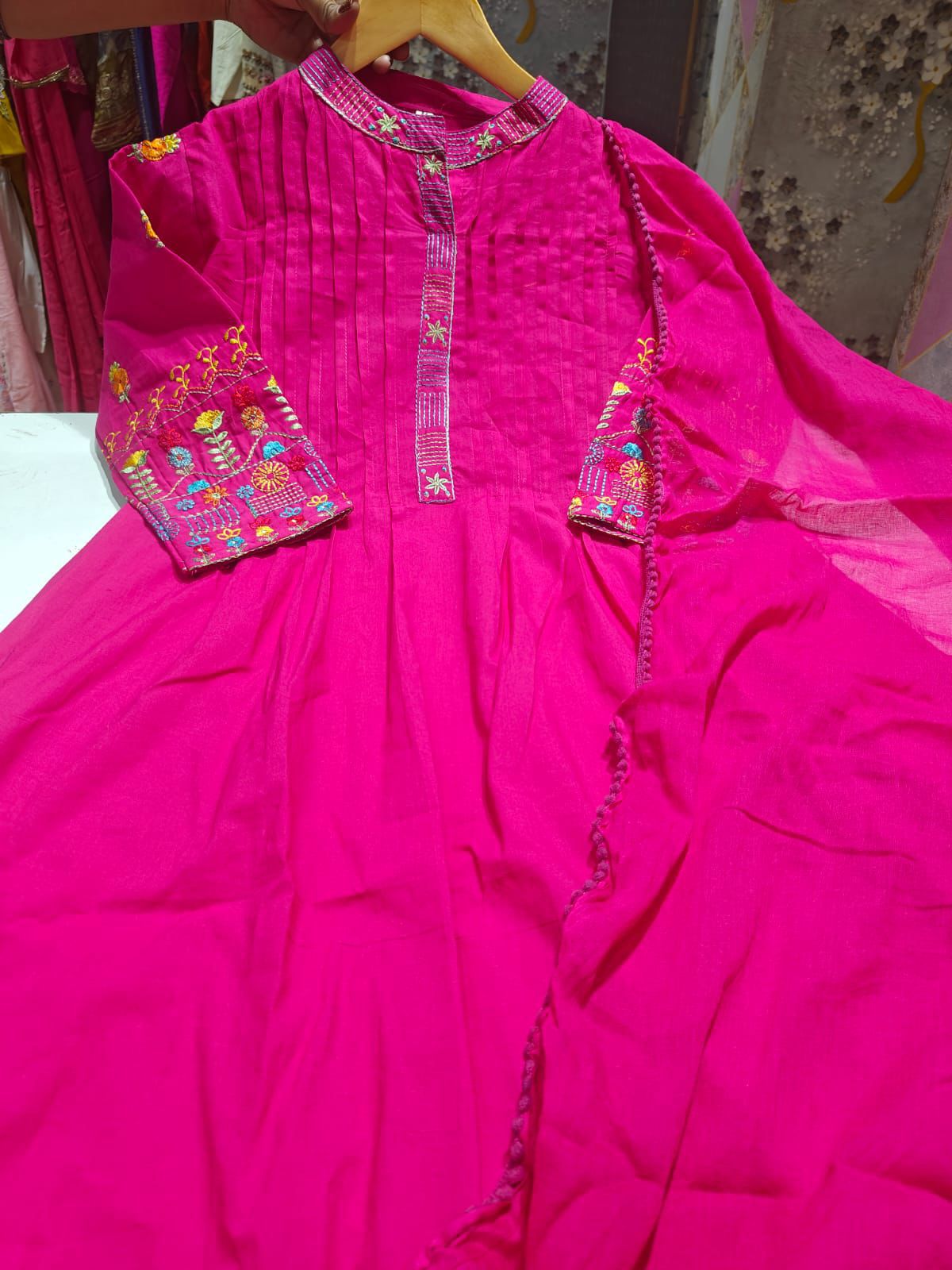 Designer dark pink cotton kurti pant dupatta set with embroidery work available in M L XL XXL - WishTown Fashion Club