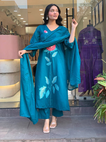 Blue cotton Anarkali style kurti with lace neckline and embroidered work for festive gathering - WishTown Fashion Club