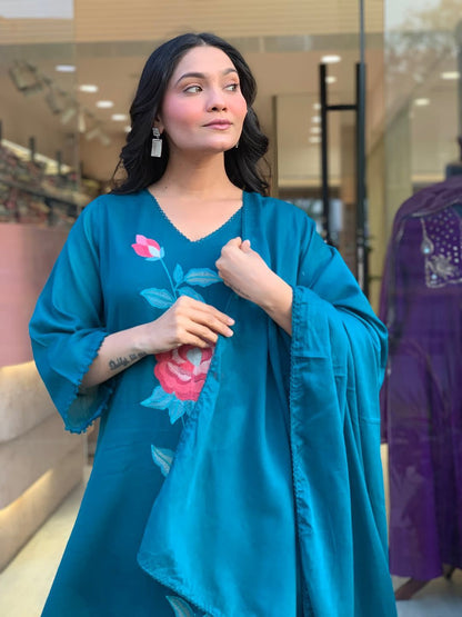 Blue embroidered cotton suit set with lace work dupatta and no side slit Anarkali kurti - WishTown Fashion Club