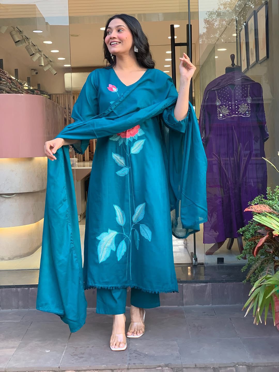 Blue cotton 60x60 Anarkali style kurta pant dupatta set with rich embroidery on yoke and lace neckline - WishTown Fashion Club