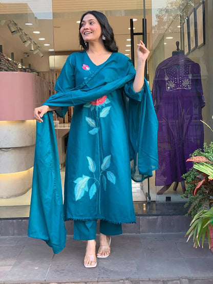 Blue cotton 60x60 Anarkali style kurta pant dupatta set with rich embroidery on yoke and lace neckline - WishTown Fashion Club