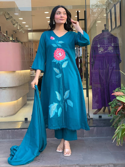 Elegant blue cotton suit set with lace work dupatta and rich embroidery design available in M 38 L 40 XL 42 - WishTown Fashion Club
