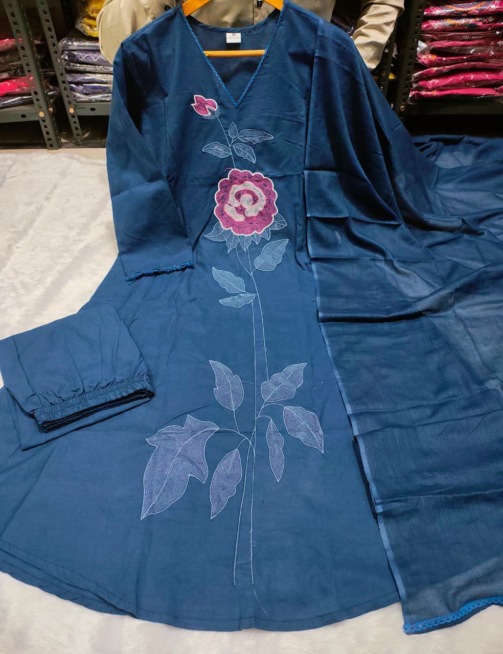 Women blue cotton festive suit with detailed yoke embroidery and matching pant - WishTown Fashion Club