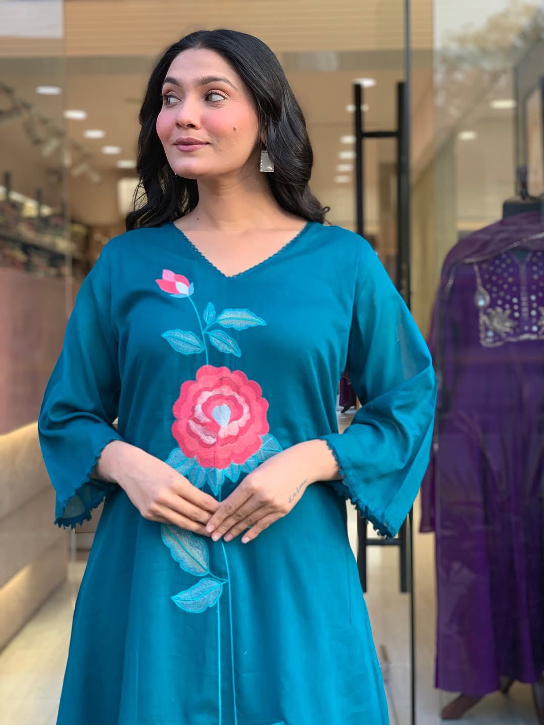 Trending viral blue cotton kurta pant dupatta set with embroidery and traditional festive look - WishTown Fashion Club