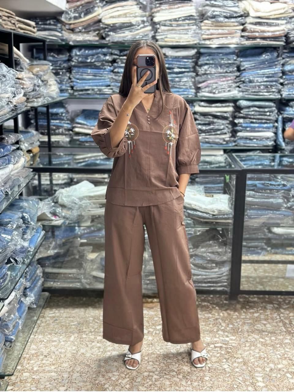 Brown pure cotton 60x60 co ord set with heavy embroidery work premium 2 piece outfit for women - WishTown Fashion Club