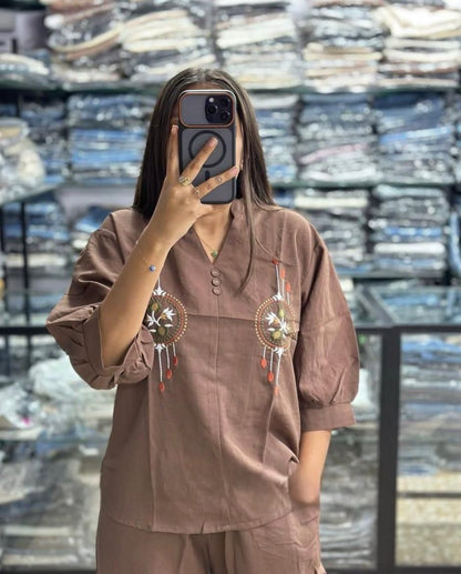 Brown embroidered cotton cord set in breathable 60x60 fabric stylish ethnic wear - WishTown Fashion Club