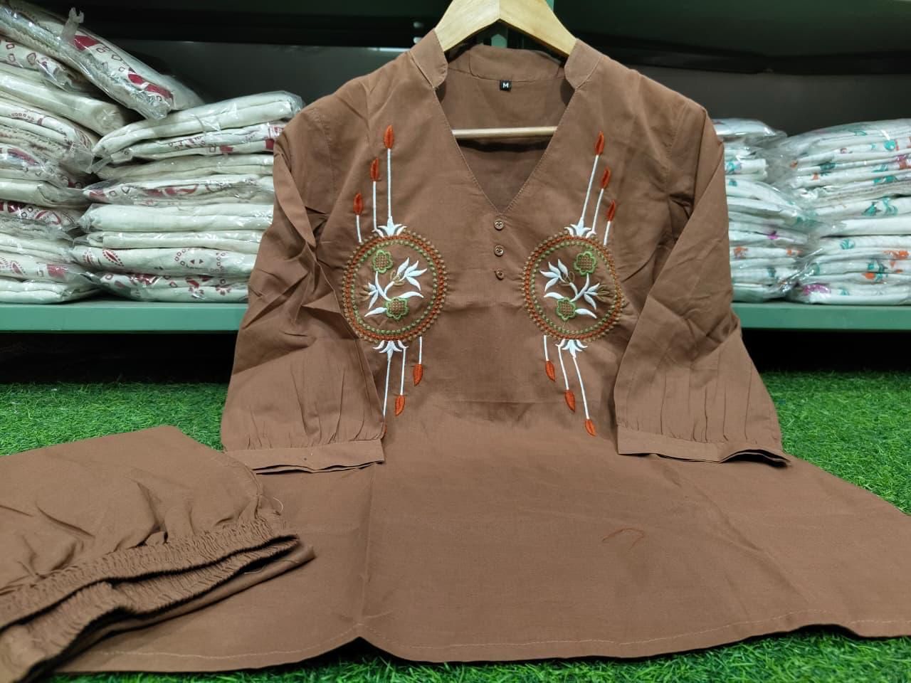 Women brown cotton co ord set with detailed heavy embroidery showroom collection - WishTown Fashion Club