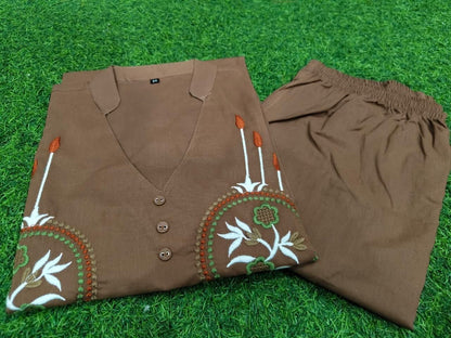 Brown premium cotton 2 piece cord set with elegant embroidery available in M L XL XXL 3XL - WishTown Fashion Club