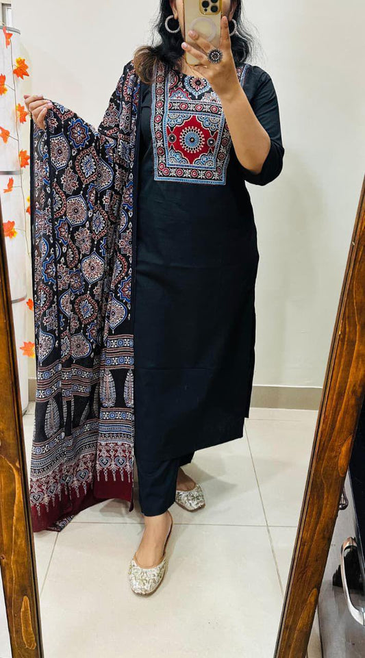 Black premium heavy cotton suit with mirror work yoke front view - WishTown Fashion Club