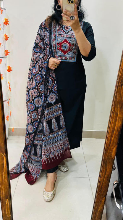 Black kurti pant set with pure block print cotton dupatta full length image - WishTown Fashion Club