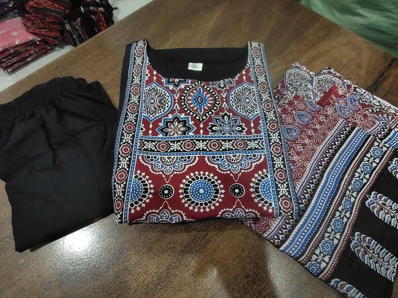 Black designer cotton kurti set with 46 inch length stylish pose - WishTown Fashion Club