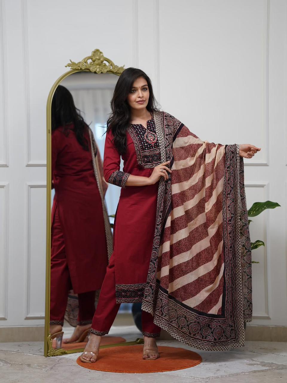 Maroon cotton A line kurti with pant and dupatta full front view - WishTown Fashion Club
