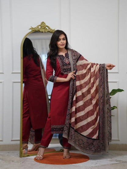 Maroon cotton A line kurti with pant and dupatta full front view - WishTown Fashion Club