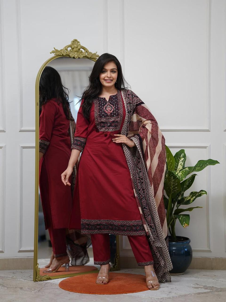Maroon ethnic kurti set with detailed yoke work elegant look - WishTown Fashion Club