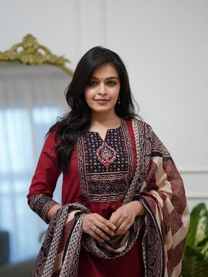 Maroon ethnic kurti set with detailed yoke work elegant look - WishTown Fashion Club