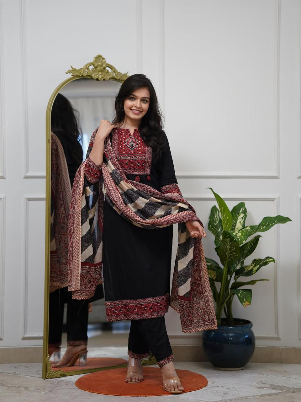 Black cotton A line kurti with pant and dupatta front view - WishTown Fashion Club