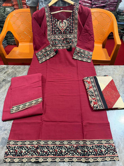 Maroon festive wear A line kurti with tailored pants side view - WishTown Fashion Club